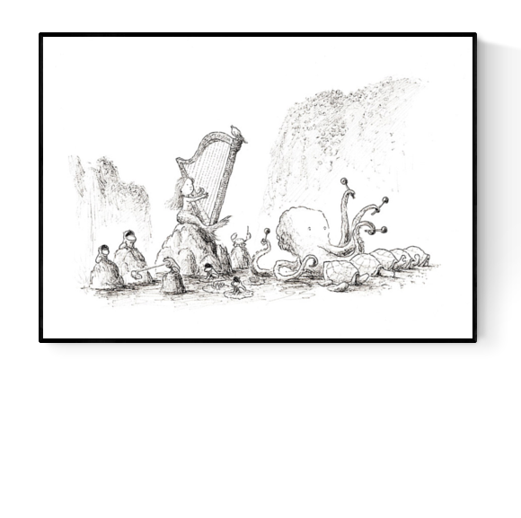 Black-and-white giclée art print by Willy Leung depicting animals and fantasy creatures gathered around a harp in a peaceful riverside scene, with intricate linework and poetic atmosphere.