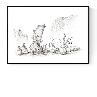 Black-and-white giclée art print by Willy Leung depicting animals and fantasy creatures gathered around a harp in a peaceful riverside scene, with intricate linework and poetic atmosphere.