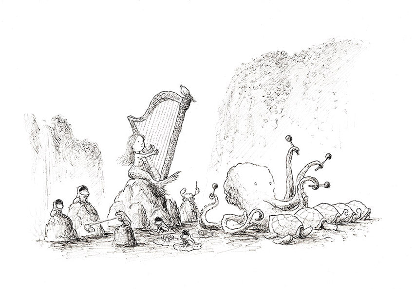 Black-and-white giclée art print by Willy Leung depicting animals and fantasy creatures gathered around a harp in a peaceful riverside scene, with intricate linework and poetic atmosphere.