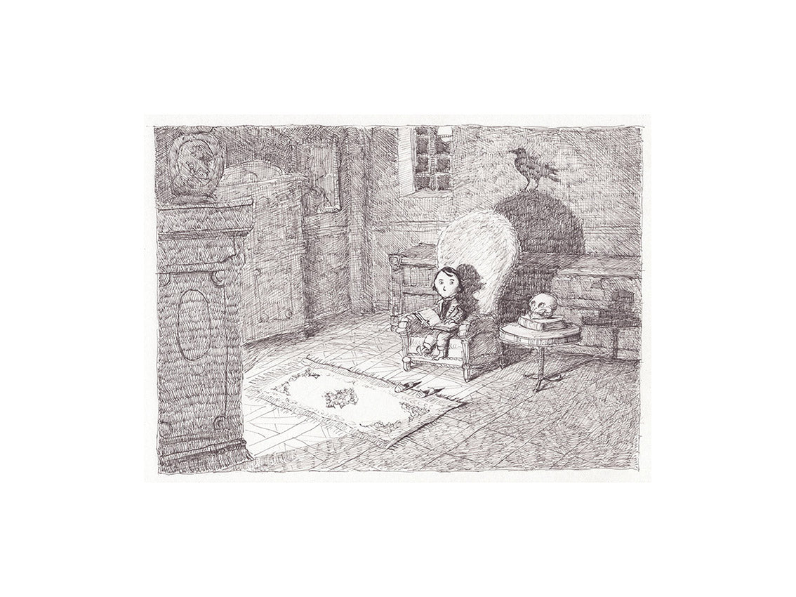 Black-and-white giclée print by Belgian illustrator Willy Leung showing a peaceful gothic room with a raven on a stone arch, detailed pencil linework on fine art paper.