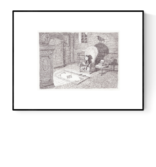 Black-and-white giclée print by Belgian illustrator Willy Leung showing a peaceful gothic room with a raven on a stone arch, detailed pencil linework on fine art paper.