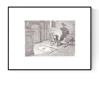 Black-and-white giclée print by Belgian illustrator Willy Leung showing a peaceful gothic room with a raven on a stone arch, detailed pencil linework on fine art paper.