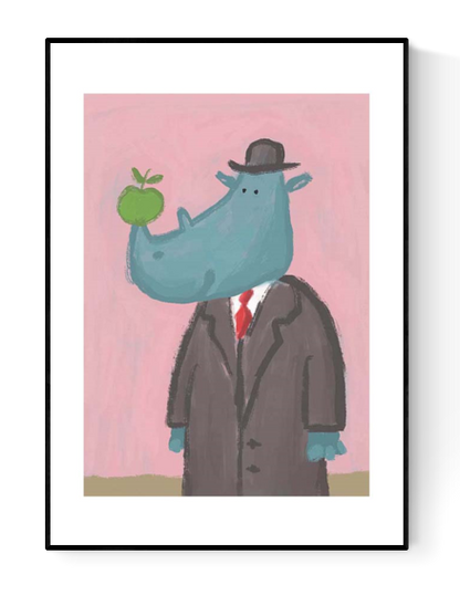 Giclée art print by Belgian illustrator Willy Leung featuring a whimsical blue rhino in a bowler hat and suit with a green apple on its nose, printed on A4 fine art paper.