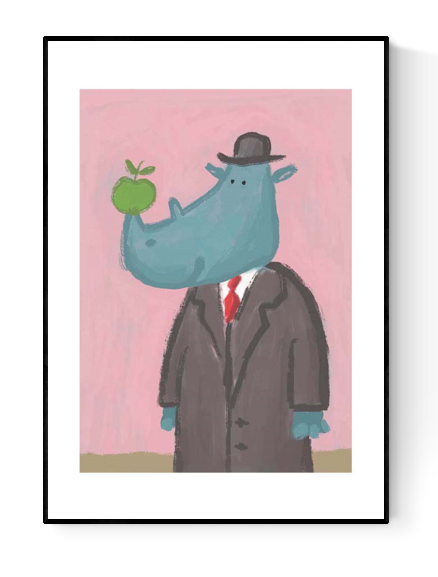 Giclée art print by Belgian illustrator Willy Leung featuring a whimsical blue rhino in a bowler hat and suit with a green apple on its nose, printed on A4 fine art paper.