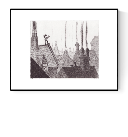 Giclée art print titled “Roof” by Willy Leung, 30x40 cm, showing a whimsical chimney sweep standing on a rooftop among vintage smokestacks in a dreamy hand-drawn cityscape.