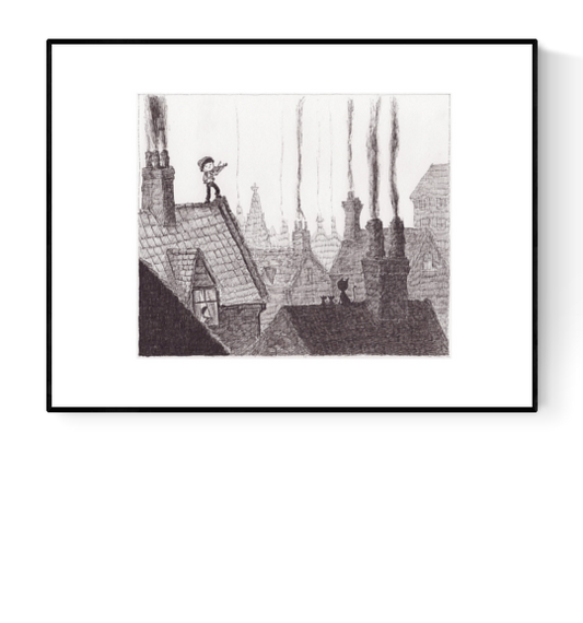 Giclée art print titled “Roof” by Willy Leung, 30x40 cm, showing a whimsical chimney sweep standing on a rooftop among vintage smokestacks in a dreamy hand-drawn cityscape.
