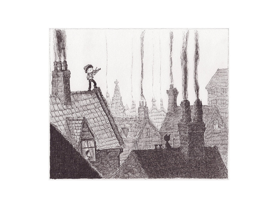 Giclée art print titled “Roof” by Willy Leung, 30x40 cm, showing a whimsical chimney sweep standing on a rooftop among vintage smokestacks in a dreamy hand-drawn cityscape.