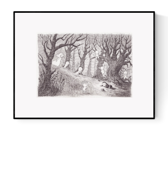 Black and white art print of a dreamy forest scene with hidden spirits and characters among trees, pencil illustration by Willy Leung, titled “spirit”, printed on fine art paper and signed by the artist.