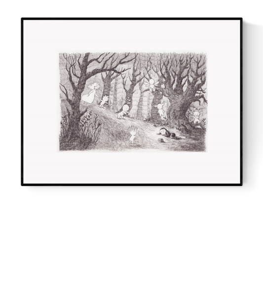 Black and white art print of a dreamy forest scene with hidden spirits and characters among trees, pencil illustration by Willy Leung, titled “spirit”, printed on fine art paper and signed by the artist.