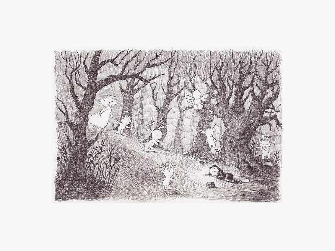 Black and white art print of a dreamy forest scene with hidden spirits and characters among trees, pencil illustration by Willy Leung, titled “spirit”, printed on fine art paper and signed by the artist.