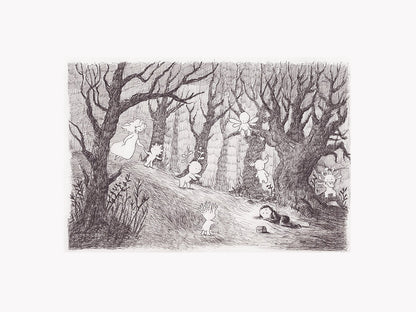 Black and white art print of a dreamy forest scene with hidden spirits and characters among trees, pencil illustration by Willy Leung, titled “spirit”, printed on fine art paper and signed by the artist.