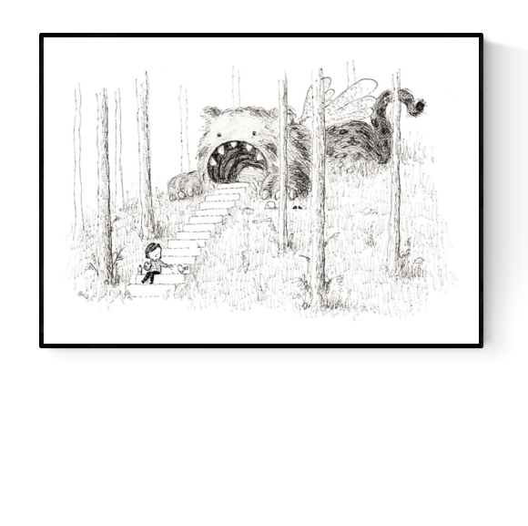 Black-and-white illustration of a child walking up stairs into the open mouth of a giant forest creature, titled “Stairs” by Willy Leung – surreal fine art Giclée print on Hahnemühle paper.