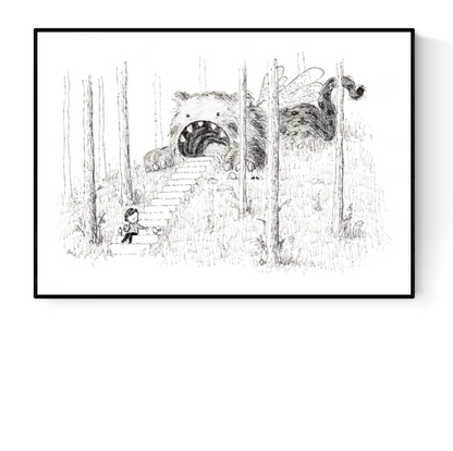 Black-and-white illustration of a child walking up stairs into the open mouth of a giant forest creature, titled “Stairs” by Willy Leung – surreal fine art Giclée print on Hahnemühle paper.