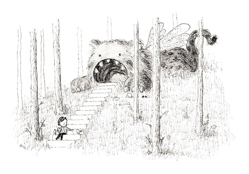 Black-and-white illustration of a child walking up stairs into the open mouth of a giant forest creature, titled “Stairs” by Willy Leung – surreal fine art Giclée print on Hahnemühle paper.