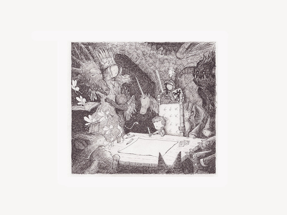 Black-and-white surreal illustration titled "stuck" by Belgian artist Willy Leung, featuring dreamlike characters and a forest scene surrounding a large blank page, printed as a 30x40 cm archival giclée on Hahnemühle Photo Rag paper.