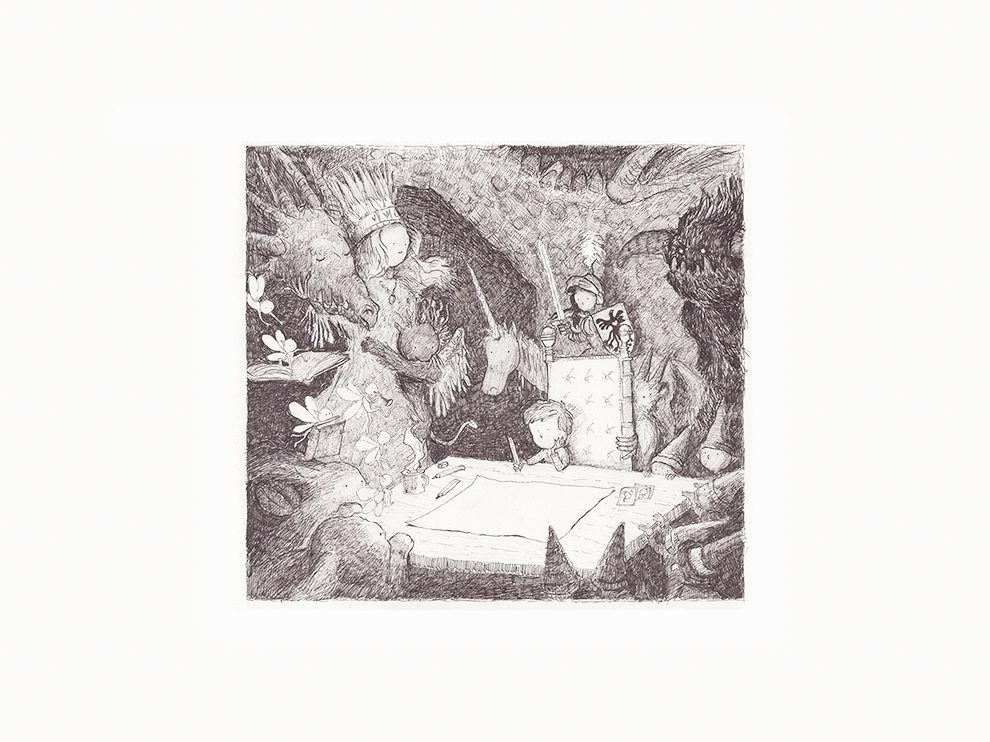 Black and white fantasy illustration by Willy Leung featuring children and mysterious forest creatures gathered around a map. Detailed horizontal giclée print on fine art paper, ideal for living rooms, reading corners, studios, and cozy interiors.