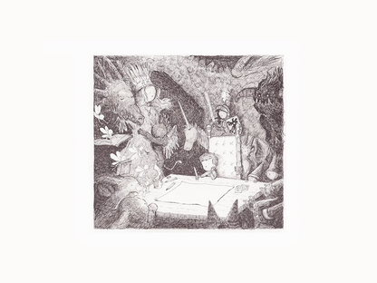 Black and white fantasy illustration by Willy Leung featuring children and mysterious forest creatures gathered around a map. Detailed horizontal giclée print on fine art paper, ideal for living rooms, reading corners, studios, and cozy interiors.