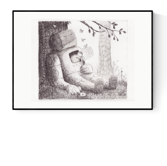 Giclée art print titled Tick by Belgian illustrator Willy Leung. A delicate pencil-style drawing of a child resting inside a large robot’s chest as they sit under a tree. Printed on 300g Hahnemühle Photo Rag paper using archival pigment ink. A4 print full of tenderness and storytelling.