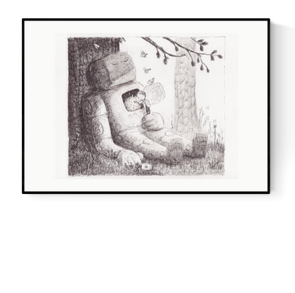Giclée art print titled Tick by Belgian illustrator Willy Leung. A delicate pencil-style drawing of a child resting inside a large robot’s chest as they sit under a tree. Printed on 300g Hahnemühle Photo Rag paper using archival pigment ink. A4 print full of tenderness and storytelling.