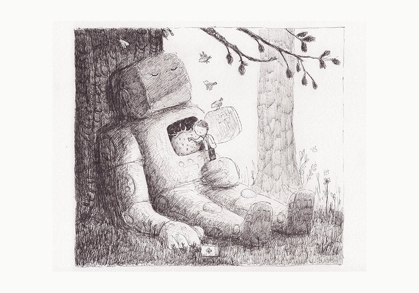 Giclée art print titled Tick by Belgian illustrator Willy Leung. A delicate pencil-style drawing of a child resting inside a large robot’s chest as they sit under a tree. Printed on 300g Hahnemühle Photo Rag paper using archival pigment ink. A4 print full of tenderness and storytelling.