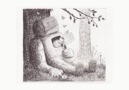 Giclée art print titled Tick by Belgian illustrator Willy Leung. A delicate pencil-style drawing of a child resting inside a large robot’s chest as they sit under a tree. Printed on 300g Hahnemühle Photo Rag paper using archival pigment ink. A4 print full of tenderness and storytelling.