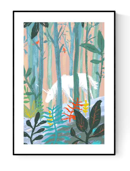 A4 art print titled Unicorn by Willy Leung, showing a white unicorn walking through a stylized forest with tall trees, colorful leaves, and soft pastel lighting. Printed with archival pigment inks on 300g Hahnemühle Photo Rag paper. A gentle and magical Giclée print made in Belgium, signed by the artist.