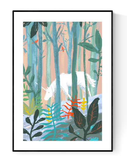 A4 art print titled Unicorn by Willy Leung, showing a white unicorn walking through a stylized forest with tall trees, colorful leaves, and soft pastel lighting. Printed with archival pigment inks on 300g Hahnemühle Photo Rag paper. A gentle and magical Giclée print made in Belgium, signed by the artist.