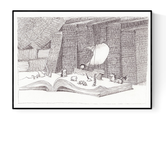 Black-and-white illustration by Willy Leung titled Vessel, showing a surreal scene of a pirate ship sailing through an open book surrounded by mythical creatures, all set in a towering library. Printed on high-quality Hahnemühle Photo Rag paper with archival pigment inks. Available in A4 or 30x40 cm.