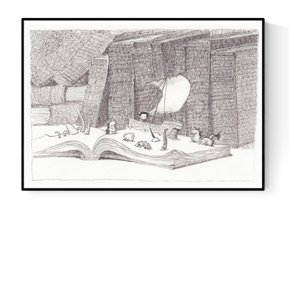 Black-and-white illustration by Willy Leung titled Vessel, showing a surreal scene of a pirate ship sailing through an open book surrounded by mythical creatures, all set in a towering library. Printed on high-quality Hahnemühle Photo Rag paper with archival pigment inks. Available in A4 or 30x40 cm.