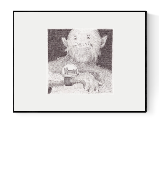 Giclée print titled “watch” by Belgian illustrator Willy Leung, featuring a pencil-drawn monster staring at a surreal snow globe wristwatch with a miniature couch inside. Printed on Hahnemühle Photo Rag.