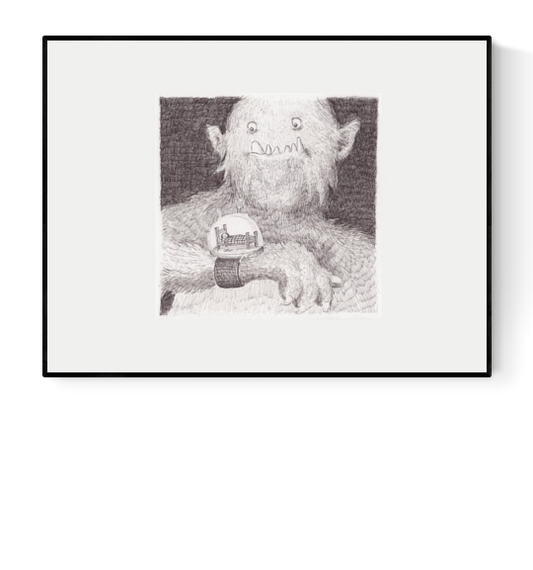 Giclée print titled “watch” by Belgian illustrator Willy Leung, featuring a pencil-drawn monster staring at a surreal snow globe wristwatch with a miniature couch inside. Printed on Hahnemühle Photo Rag.