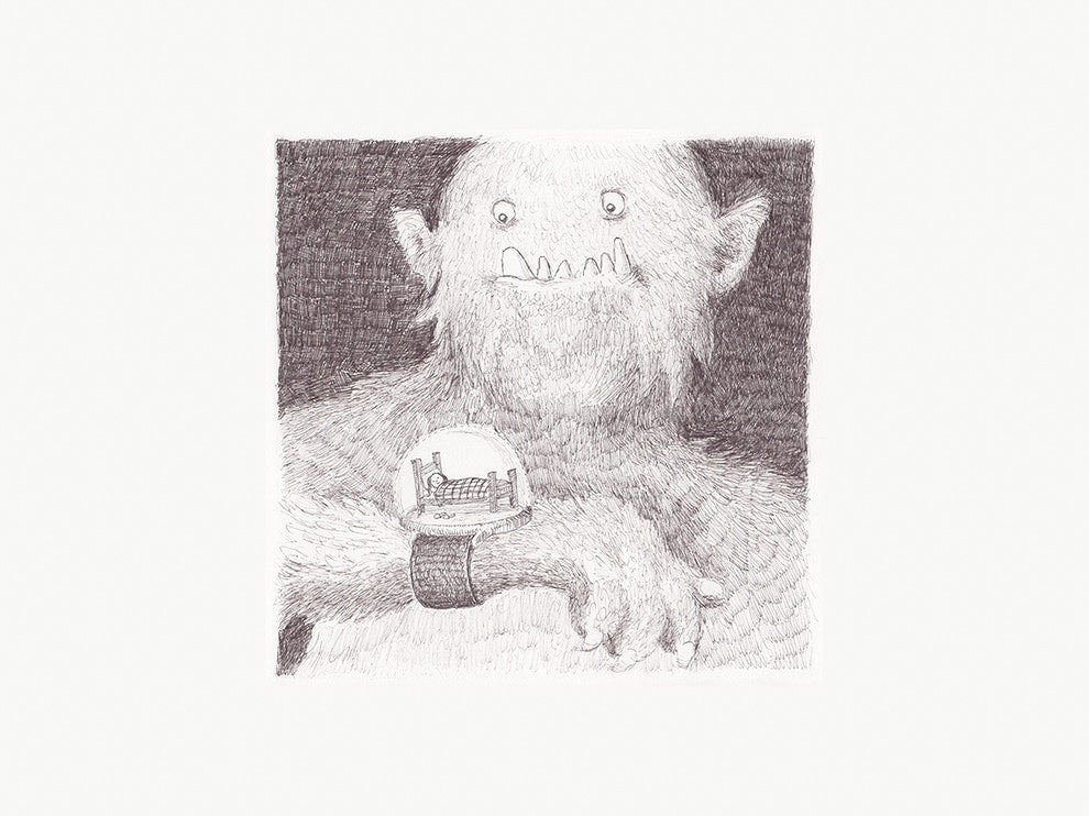 Surreal black-and-white giclée art print of a gentle furry monster wearing a wristwatch with a tiny bedroom inside, illustrated by Willy Leung. Detailed pencil-style artwork for cozy home decor, displayed in portrait orientation.