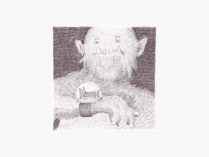 Surreal black-and-white giclée art print of a gentle furry monster wearing a wristwatch with a tiny bedroom inside, illustrated by Willy Leung. Detailed pencil-style artwork for cozy home decor, displayed in portrait orientation.