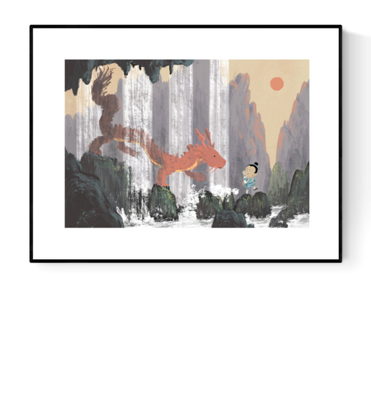 "Year of the Dragon" Giclée print by Willy Leung featuring a red Chinese dragon meeting a child under waterfalls in a mystical mountain landscape, printed on Hahnemühle Photo Rag fine art paper.