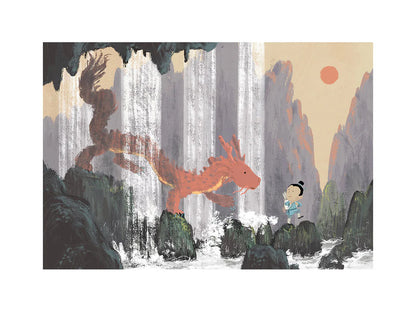 Year of the Dragon by Willy Leung featuring a child meeting a friendly red dragon beside waterfalls in a dreamlike mountain landscape. Fine art giclée print with soft earthy colors, perfect for children's rooms, reading corners, and modern home decor.