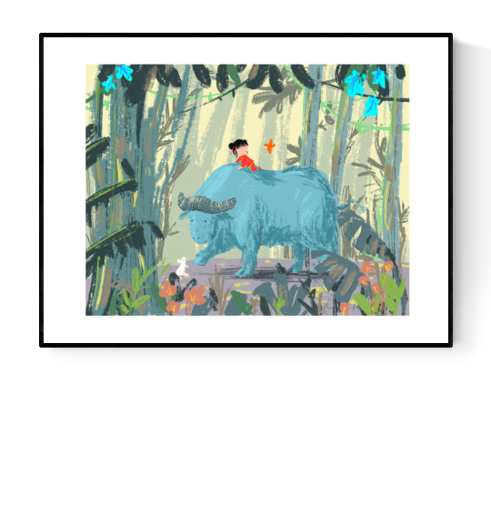 "Year of the Ox" art print by Willy Leung showing a child riding a gentle blue ox through a tropical forest, surrounded by birds and plants. Giclée printed on Hahnemühle Photo Rag paper.
