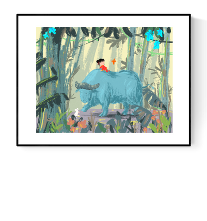 "Year of the Ox" art print by Willy Leung showing a child riding a gentle blue ox through a tropical forest, surrounded by birds and plants. Giclée printed on Hahnemühle Photo Rag paper.