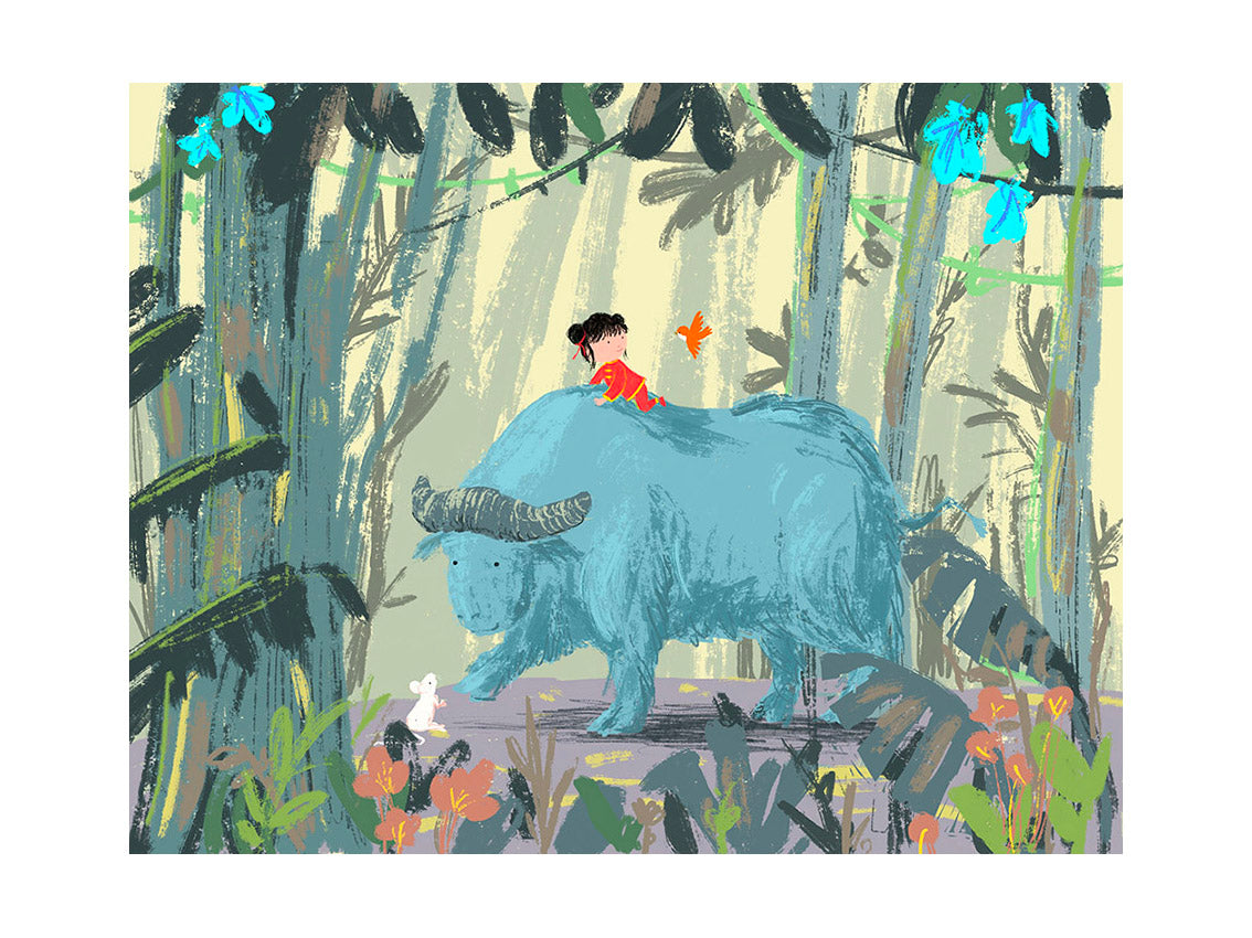"Year of the Ox" art print by Willy Leung showing a child riding a gentle blue ox through a tropical forest, surrounded by birds and plants. Giclée printed on Hahnemühle Photo Rag paper.