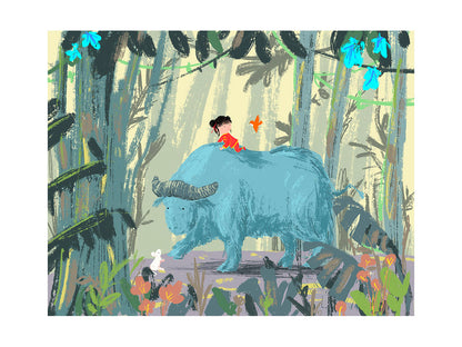 "Year of the Ox" art print by Willy Leung showing a child riding a gentle blue ox through a tropical forest, surrounded by birds and plants. Giclée printed on Hahnemühle Photo Rag paper.