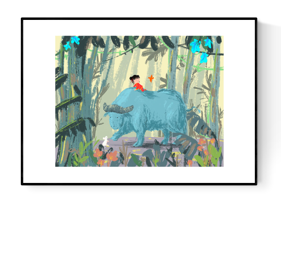 "Year of the Ox" art print by Willy Leung showing a child riding a gentle blue ox through a tropical forest, surrounded by birds and plants. Giclée printed on Hahnemühle Photo Rag paper.
