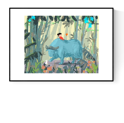 "Year of the Ox" art print by Willy Leung showing a child riding a gentle blue ox through a tropical forest, surrounded by birds and plants. Giclée printed on Hahnemühle Photo Rag paper.