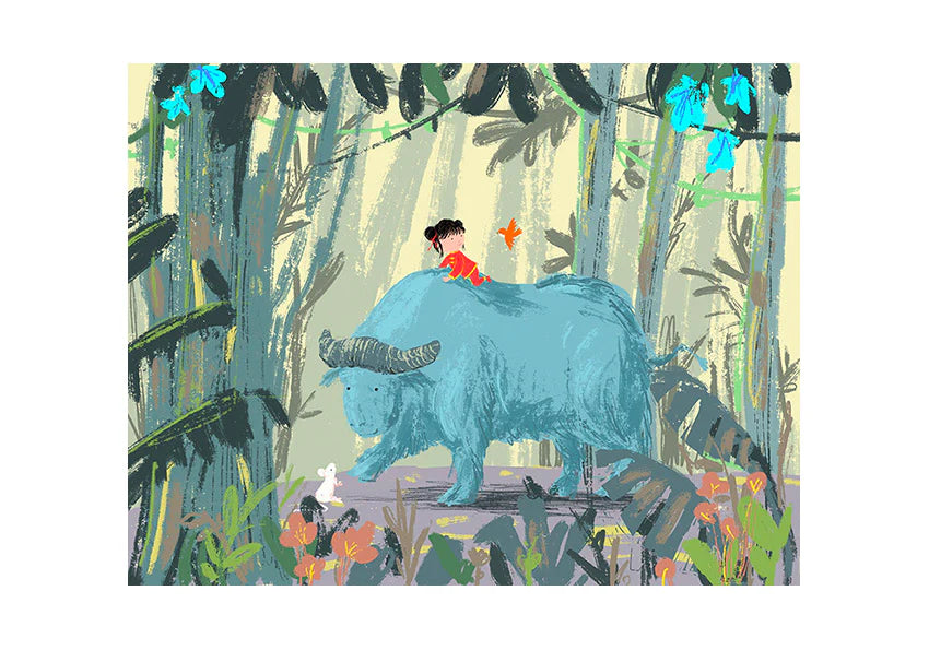 Year of the Ox by Willy Leung featuring a child riding a gentle blue ox through a lush forest in a whimsical storybook style. Soft green and blue tones, giclée print, landscape format, perfect for nursery and home decor.
