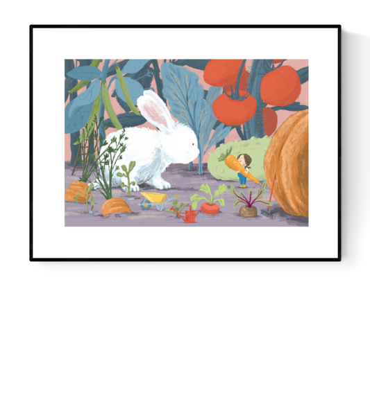 "Year of the Rabbit" art print by Willy Leung featuring a giant white rabbit and a tiny girl harvesting vegetables in a whimsical garden. Giclée printed on Hahnemühle paper.
