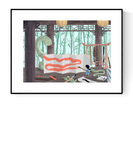 buy chinese astrology print by Willy Leung"Year of the Snake" art print by Willy Leung featuring a child painting a large green snake in a traditional bamboo studio setting. Giclée print on premium Hahnemühle Photo Rag paper.