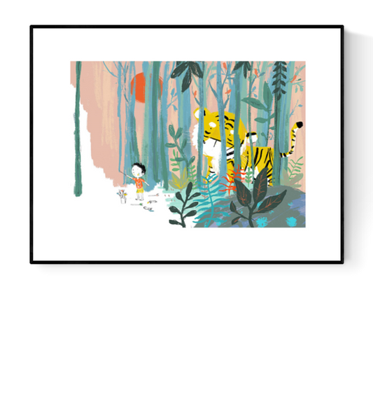 "Year of the Tiger" art print by Willy Leung showing a child and a tiger facing each other in a colorful forest. Giclée print on museum-quality Hahnemühle paper, ideal for nature and animal lovers.