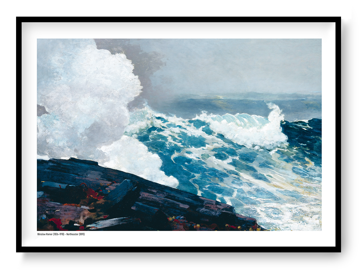 Northeaster by Winslow Homer, horizontal digital art print showing powerful turquoise ocean waves crashing against dark rocks, with white sea foam and a misty blue sky, ideal as coastal wall art.