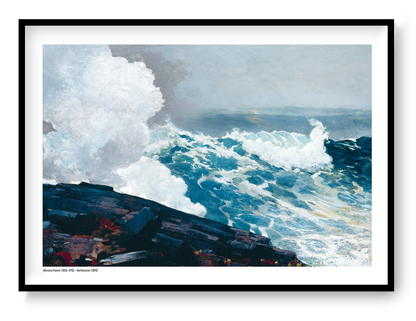 Northeaster by Winslow Homer, horizontal digital art print showing powerful turquoise ocean waves crashing against dark rocks, with white sea foam and a misty blue sky, ideal as coastal wall art.