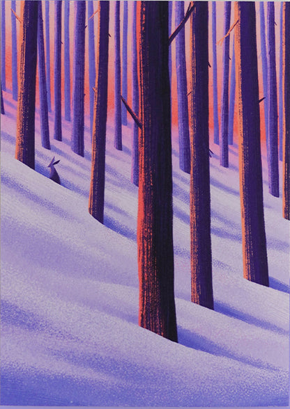 A6 Giclée print "Winter Woods" by Linde Raats, featuring a snowy forest scene with tall vertical trees in purple-orange tones and a small hare peeking from behind, printed on fine art paper.