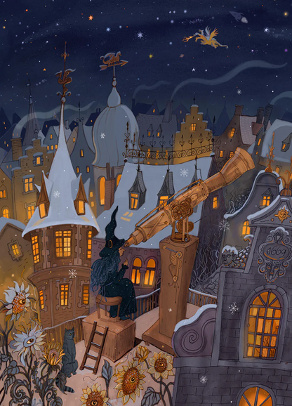 Winter Stargazer by Lena Yampolski featuring a witch observing the night sky through a telescope above a snow-covered fantasy town, illuminated windows, celestial details, warm golden tones and deep blue winter colors, vertical giclée wall art for cozy home decor.