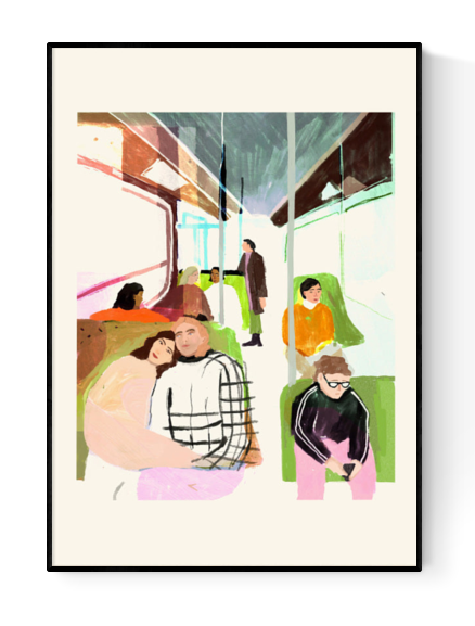 30 x 40 cm digital print titled Traffic by German illustration duo Wünsch & Stömer. Depicts passengers in a softly lit train interior, painted with expressive strokes and muted tones. Printed on 250g paper in Germany. Perfect for art lovers drawn to quiet, emotional storytelling.